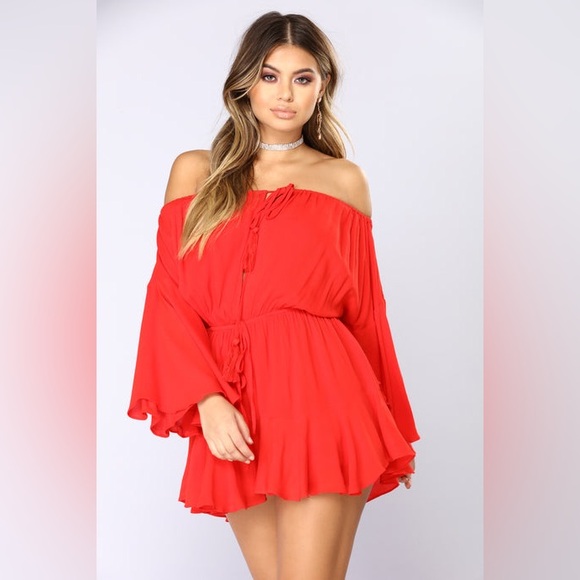 Fashion Nova Pants - Camellia Off Shoulder Romper - Red - Small